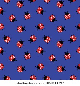 Seamless vector pattern with insects, symmetrical background with bright little ladybugs, over blue backdrop
