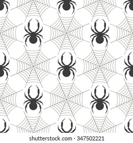 Seamless vector pattern with insects, symmetrical  geometric black and white background with  spiders and spiders web.