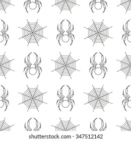 Seamless vector pattern with insects, symmetrical geometric black and white background with spiders and spiders web. Line drawing.