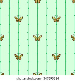 Seamless vector pattern with insects, symmetrical geometric background with butterflies on the branches , over light green backdrop
