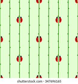 Seamless vector pattern with insects, symmetrical geometric background with ladycaws on the branches, over light backdrop