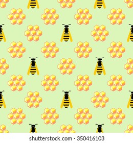 Seamless vector pattern with insects, symmetrical background with yellow honeycombs and wasps on the light green backdrop