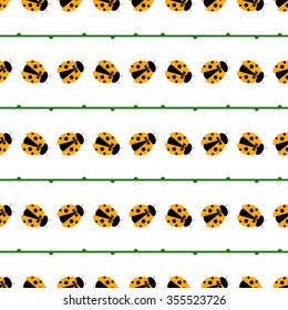 Seamless vector pattern with insects, symmetrical background with bright little ladybugs and branches, on the white backdrop