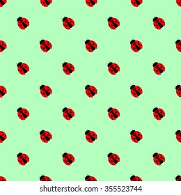 Seamless vector pattern with insects, symmetrical background with bright little ladybugs, over green backdrop
