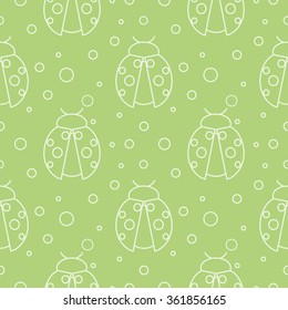 Seamless vector pattern with insects, symmetrical  green background ladybugs and dots.