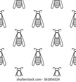 Seamless vector pattern with insects, symmetrical  black and white background with wasps