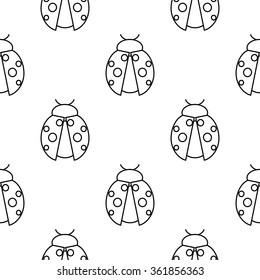 Seamless vector pattern with insects, symmetrical  black and white background with ladybugs.