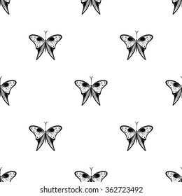 Seamless vector pattern with insects, symmetrical black and white background with butterflies.