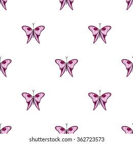 Seamless vector pattern with insects, symmetrical  background with violet butterflies on the white backdrop.