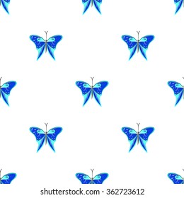Seamless vector pattern with insects, symmetrical  background with blue butterflies on the white backdrop.