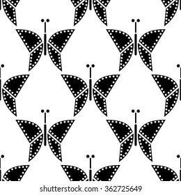 Seamless vector pattern with insects, symmetrical black and white background with butterflies.