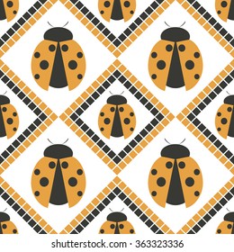Seamless vector pattern with insects, symmetrical geometric orange background with ladybugs. Decorative repeating ornament