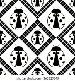 Seamless vector pattern with insects, symmetrical geometric black and white background with ladybugs. Decorative repeating ornament