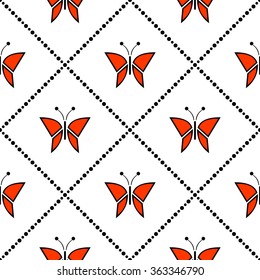 Seamless vector pattern with insects, symmetrical geometric red background with butterflies. Decorative repeating ornament