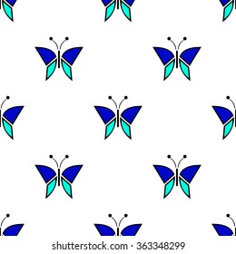 Seamless vector pattern with insects, symmetrical background with blue butterflies. Decorative repeating ornament