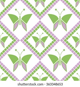 Seamless vector pattern with insects, symmetrical geometric green background with butterflies. Decorative repeating ornament