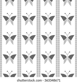 Seamless vector pattern with insects, symmetrical geometric grey background with butterflies. Decorative repeating ornament