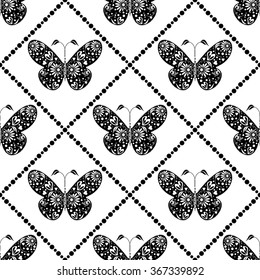 Seamless vector pattern with insects, symmetrical black and white background with butterflies. Decorative ornament. Series of Animals and Insects Seamless Patterns.