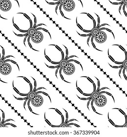 Seamless vector pattern with insects, symmetrical background with decorative black closeup spiders, over white backdrop with lines and dots. Series of Animals and Insects Seamless Patterns.