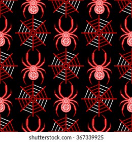 Seamless vector pattern with insects, symmetrical background with decorative black closeup spiders, over black backdrop with red spider web. Series of Animals and Insects Seamless Patterns.