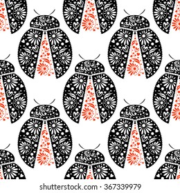 Seamless vector pattern with insects, symmetrical background with bright decorative black and red closeup ladybugs, over white backdrop. Series of Animals and Insects Seamless Patterns.