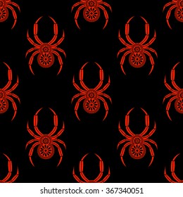 Seamless vector pattern with insects, symmetrical background with bright decorative red closeup spiders, over black backdrop. Series of Animals and Insects Seamless Patterns.