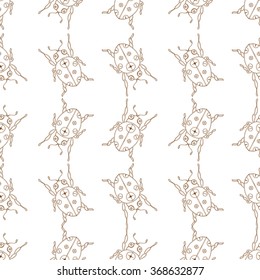 Seamless vector pattern with insects, symmetrical  brown and white background with ladybugs and dots.