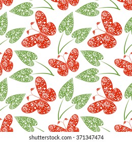 Seamless vector pattern with insects, symmetrical blue background with red butterflies and green leaves. Decorative ornament. Series of Animals and Insects Seamless Patterns.