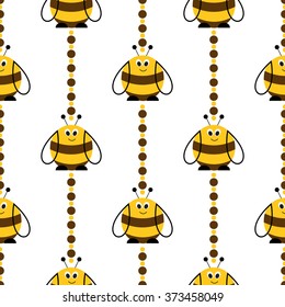 Seamless vector pattern with insects. Symmetrical background with cute comic bees on the white backdrop. Series of Animals and Insects Seamless Patterns.