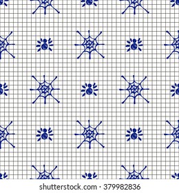 Seamless vector pattern with insects, symmetrical background with  spiders and spiders web. Hand sketch drawing. Imitation of ink penciling. Series of Insects and Hand Drawn Patterns.