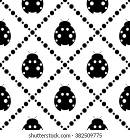 Seamless vector pattern with insects, symmetrical background with decorative closeup black and white ladybugs and rhombus, on the white backdrop. Series of Animals and Insects Seamless Patterns.