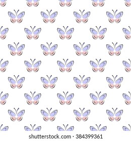 Seamless vector pattern with insects, symmetrical background with blue and pink butterflies on the white backdrop. Decorative ornament. Series of Insects Seamless Patterns.