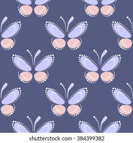 Seamless vector pattern with insects, symmetrical background with blue and pink butterflies on the blue backdrop. Decorative ornament. Series of Insects Seamless Patterns.