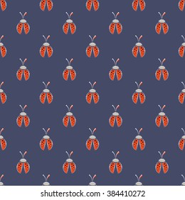 Seamless vector pattern with insects, symmetrical background with red decorative  ladybugs,  on the blue backdrop. Series of Animals and Insects Seamless Patterns.