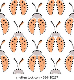 Seamless vector pattern with insects, symmetrical background with pastel decorative  closeup ladybugs,  on the white backdrop. Series of Animals and Insects Seamless Patterns.