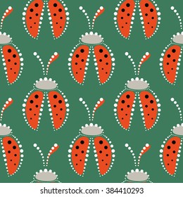 Seamless vector pattern with insects, symmetrical background with red decorative  closeup ladybugs,  on the green backdrop. Series of Animals and Insects Seamless Patterns.