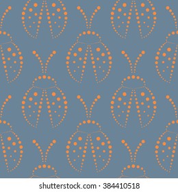 Seamless vector pattern with insects, symmetrical background with red decorative closeup ladybugs,  on the blue backdrop. Series of Animals and Insects Seamless Patterns.