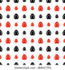 Seamless vector pattern with insects, symmetrical background with bright red and black decorative ladybugs,  on the white backdrop. Series of Animals and Insects Seamless Patterns.