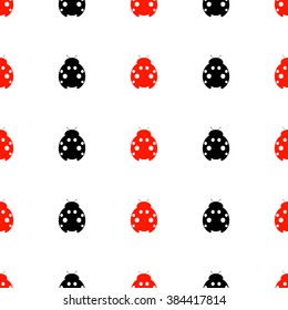Seamless vector pattern with insects, symmetrical background with bright red and black decorative ladybugs,  on the white backdrop. Series of Animals and Insects Seamless Patterns.