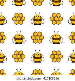 Seamless vector pattern with insects. Symmetrical background with cute comic bees and honeycombs on the white backdrop. Series of Animals and Insects Seamless Patterns.