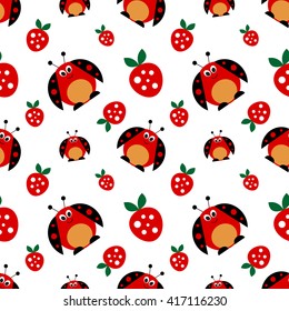 Seamless vector pattern with insects, symmetrical background with bright cute comic ladybugs and strawberries, on the white backdrop. Series of Animals and Insects Seamless Patterns.
