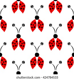 Seamless vector pattern with insects, symmetrical  background with red hand drawn decorative ladybugs on the white backdrop. Series of Insects Seamless Patterns.