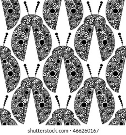 Seamless vector pattern with insects, symmetrical background with bright decorative ornamental black ladybugs, on the white backdrop. Series of Animals and Insects Seamless Patterns.
