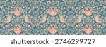 Seamless vector pattern inspired by William Morris and the Arts and Crafts movement, featuring stylized plants, flowers, and birds in a vintage design for textiles and wallpaper.