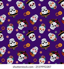 A seamless vector pattern inspired by Día de los Muertos, featuring traditional skulls (calaveras) and decorative flowers. Perfect for festive decor, textiles, packaging, and other creative projects