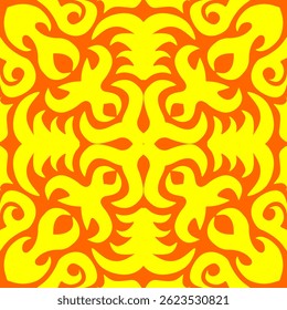 A seamless vector pattern inspired by traditional batik art, featuring intricate ornamental motifs in bold yellow and red colors. Ideal for textiles, wallpapers, packaging, and ethnic-themed design