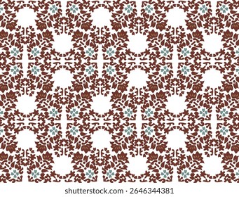 Um padrão vetorial sem emenda inspirado nos motivos tradicionais do Batik indonésio, apresentando intrincados elementos florais e foliares dispostos em um design simétrico e repetitivo. O padrão usa uma cor