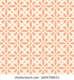 Seamless vector pattern inspired by retro floral geometry, with peach tones and symmetrical petals, ideal for textiles, packaging, and digital backgrounds. Vector. Easily editable; Endless design.