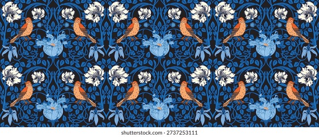 Seamless vector pattern inspired by William Morris and the Arts and Crafts movement, featuring plants, flowers, and birds in a vintage ornamental design for textiles and wallpaper.