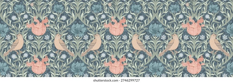 Seamless vector pattern inspired by William Morris and the Arts and Crafts movement, featuring stylized plants, flowers, and birds in a vintage design for textiles and wallpaper.